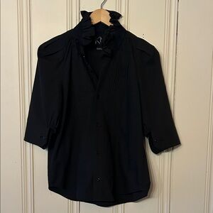 KMJ Kate Mchale Jensen Black Ruffle Collar Tux Button-Up Blouse shirt medium